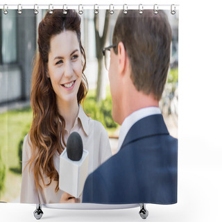 Personality  Cheerful Anchorwoman With Microphone Interviewing Businessman Shower Curtains