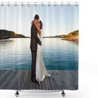 Personality  Newlyweds Kissing On A Jetty At Sunset Shower Curtains