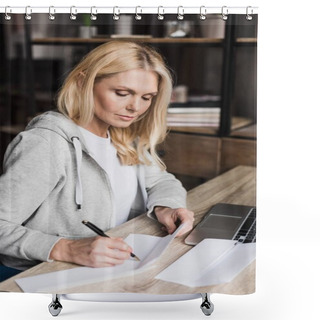 Personality  Woman Using Laptop At Home  Shower Curtains