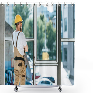 Personality  Rear View Of Builder In Protective Googles And Hardhat Standing With Crossed Arms And Looking At Windows Shower Curtains