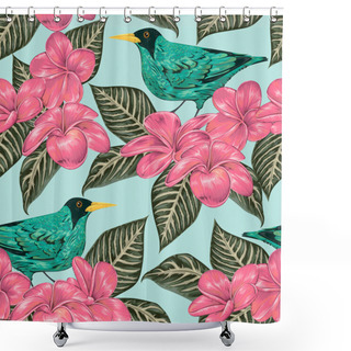 Personality  Seamless Pattern With Tropical Birds, Flowers And Leaves. Exotic Flora And Fauna. Vintage Hand Drawn Vector Illustration In Watercolor Style Shower Curtains