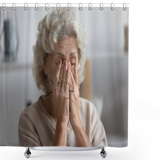 Personality  Tired Mature Woman Suffer From Blurry Vision At Home Shower Curtains