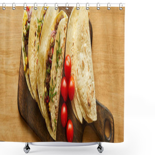Personality  Top View Of Tasty Tacos With Cherry Tomatoes On Cutting Board On Wooden Surface, Panoramic Shot Shower Curtains