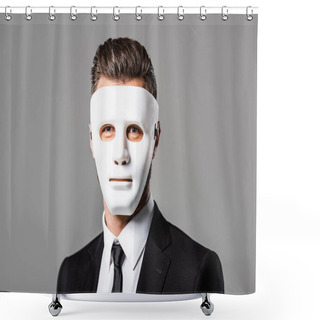 Personality  Mysterious Businessman In Black Suit And White Mask Isolated On Grey Shower Curtains
