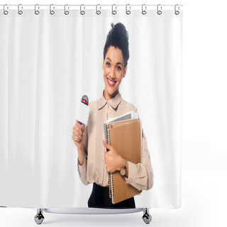 Personality  African American Journalist With Microphone, Documents And Notebooks Looking At Camera Isolated On White Shower Curtains