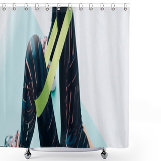 Personality  Panoramic Image Of Sportswoman Training With Resistance Band On Legs At Home  Shower Curtains