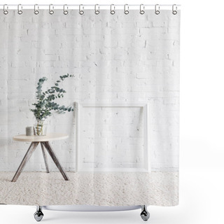 Personality  Empty Frame In Front Of White Brick Wall With Flower Pot On Table, Mockup Concept Shower Curtains