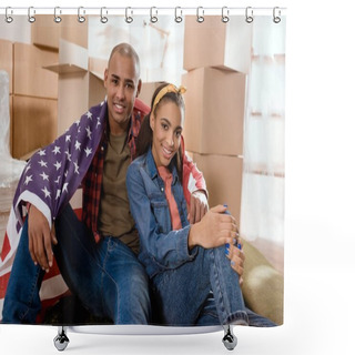 Personality  African American Couple With United States Flag Sitting On Floor At New Home With Cardboard Boxes Shower Curtains