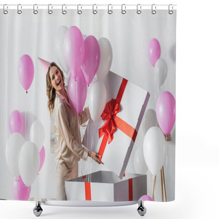 Personality  Positive Woman Standing Near Big Gift Box With Balloons During Birthday Celebration At Home  Shower Curtains