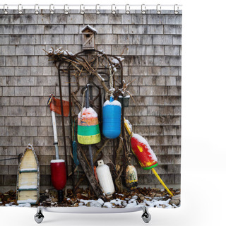 Personality  Buoys And A Birdhouse Lean Against A Wall In Winter Shower Curtains