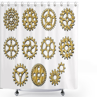 Personality  Set Of Gold, Brass Gears In Retro Style. Good For Decoration In Steampunk Style. Vector. Shower Curtains