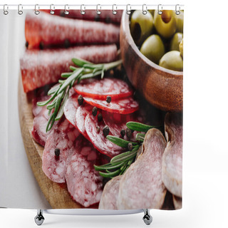 Personality  Close Up View Of Delicious Sliced Salami With Spices And Olives In Bowl On Wooden Cutting Board Shower Curtains