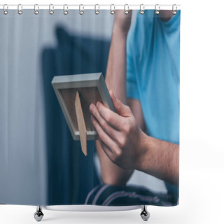 Personality  Cropped View Of Man Holding Photo Frame With Copy Space Shower Curtains