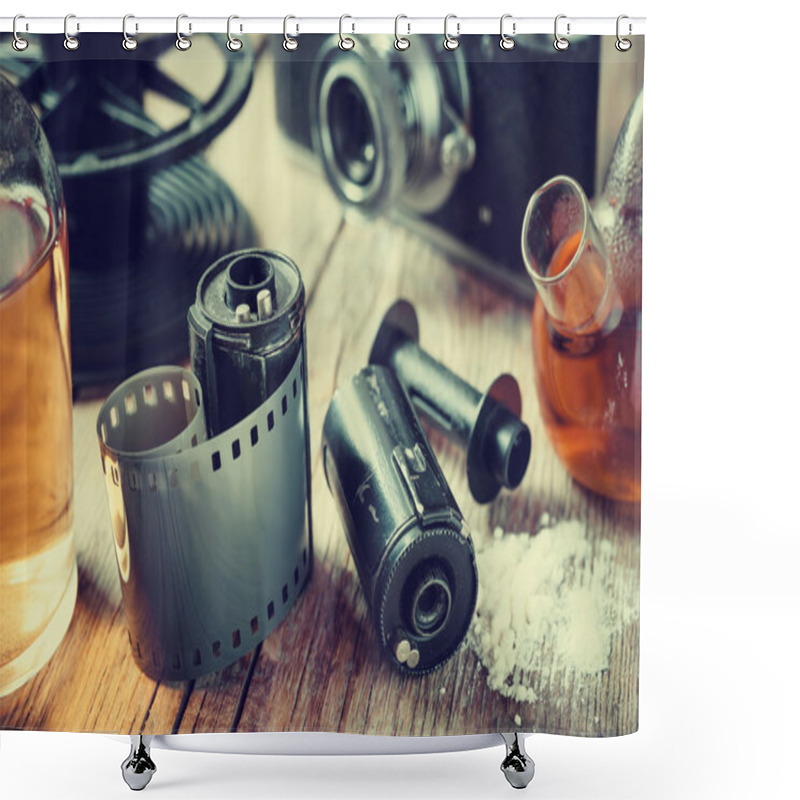 Personality  Old Photo Film Rolls, Cassette, Retro Camera And Chemical Reagen Shower Curtains