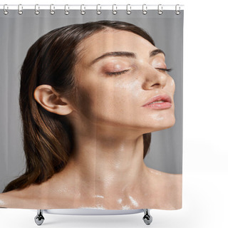 Personality  A Young Caucasian Woman With Brunette Hair, Eyes Peacefully Closed, Embodying Tranquility And Inner Peace. Shower Curtains