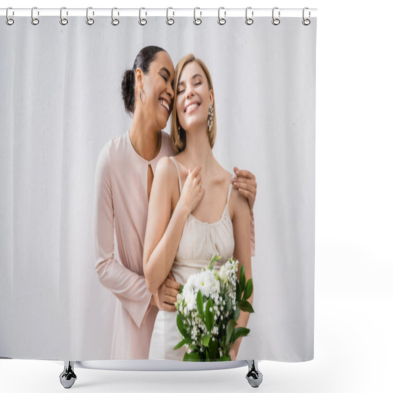 Personality  Special Occasion, Cheerful Bride With Bridesmaid, Happy Interracial Women, Wedding Dress And Bridesmaid Gown, African American Woman Hugging Engaged Friend On Grey Background  Shower Curtains