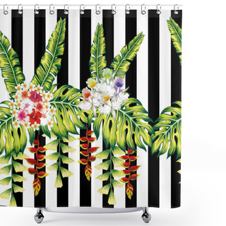 Personality  Tropical Flowers And Leaves Seamless Black White Stripe Backgrou Shower Curtains
