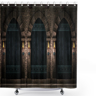 Personality  Medieval Castle Arches With Iron Castle Railings And Torches.3d Illustration. Shower Curtains