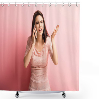 Personality  Displeased Girl Showing Indignation Gesture While Talking On Smartphone On Pink Background Shower Curtains