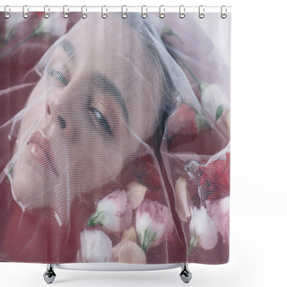 Personality  Beautiful Woman Covered With White Mesh Cloth In Pink Water With Rose Petals  Shower Curtains