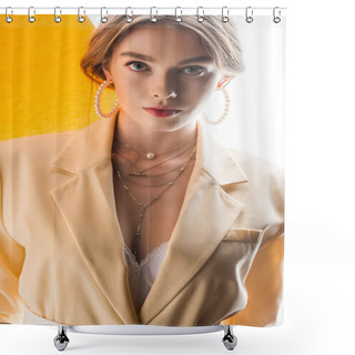 Personality  Beautiful Young Woman In Necklace And Earrings Looking At Camera On Orange And White  Shower Curtains
