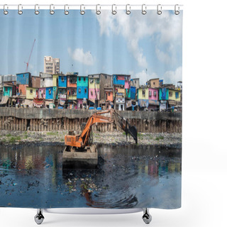 Personality  MUMBAI/INDIA - MAY 27, 2020: Floating Excavator Cleaning Waste Material From The Mithi River During Pre-monsoon Work By Mumbai Municipal Corporation At Gyaneshwar Nagar, Bandra (East Shower Curtains