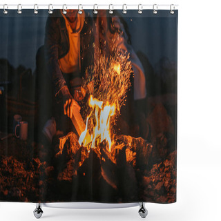 Personality  Cropped View Of Man Putting Log In Bonfire Near Girl  Shower Curtains