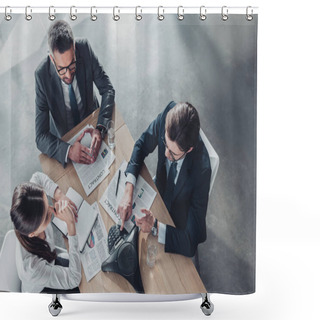 Personality  High Angle View Of Business People Using Speakerphone During Conversation At Modern Office Shower Curtains