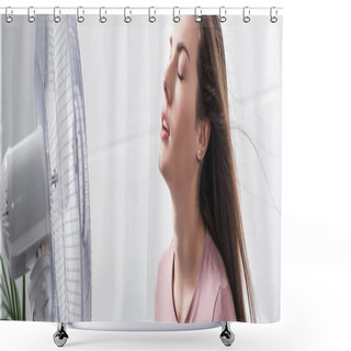 Personality  Beautiful Woman Feeling Comfortable With Electric Fan During Summer Heat, Website Header Shower Curtains