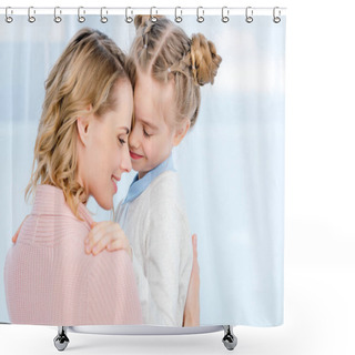 Personality  Smiling Mother Hugging Daughter At Home Shower Curtains
