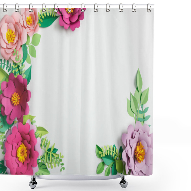 Personality  top view of multicolored paper flowers and green plants with leaves on grey background shower curtains