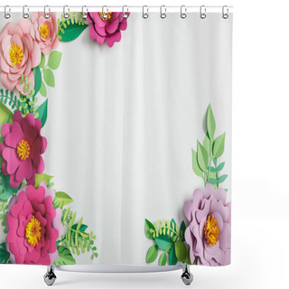 Personality  Top View Of Multicolored Paper Flowers And Green Plants With Leaves On Grey Background Shower Curtains