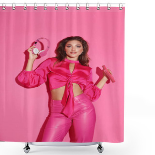 Personality  Gorgeous Doll Like Woman In Crop Top And Pink Pants Standing With Headphones And Shiny Purse Shower Curtains