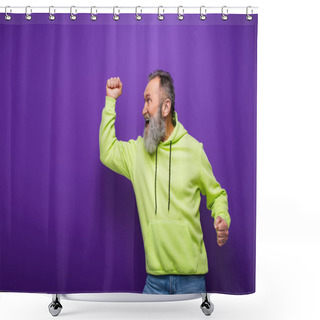 Personality  Happy And Bearded Senior Man With Grey Hair Rejoicing While Looking Away On Purple Shower Curtains