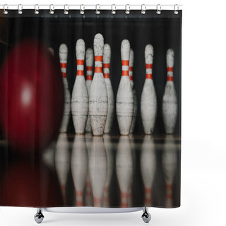 Personality  Grungy Bowling Pins With Red Ball On Foreground Shower Curtains