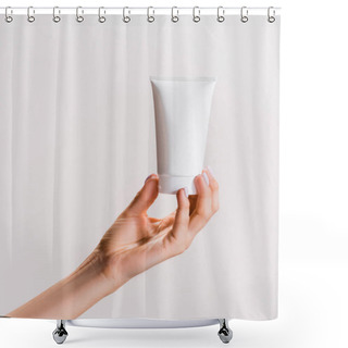 Personality  Cropped View Of Woman Holding Tube Of Hand Cream Isolated On Grey Shower Curtains