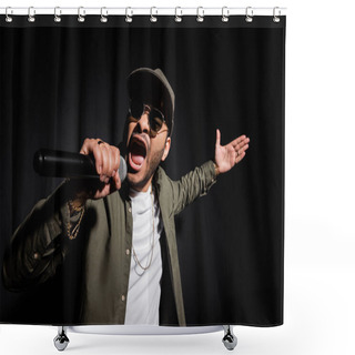 Personality  Emotional Eastern Hip Hop Performer In Sunglasses Singing In Microphone On Black Shower Curtains