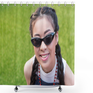 Personality  Smiling Asian Girl In Eyeglasses Shower Curtains