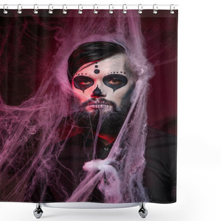 Personality  Halloween Concept With Young Man In Day Of The Dead Mask Face Art. Shower Curtains