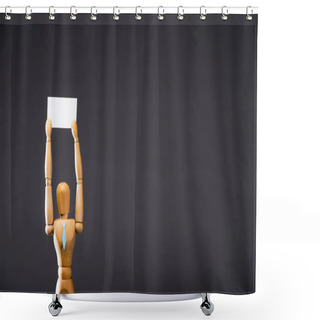Personality  Wooden Marionette In Tie Holding Blank Placard On Black Background Shower Curtains