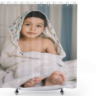 Personality  Selective Focus Of Cute, Smiling Boy, Wrapped In Hooded Towel, Looking At Camera While Sitting On Bed Shower Curtains