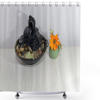 Personality  Zen Water Fountian Over A White Background Next To An Orange Flower In A Small Vase. Shower Curtains