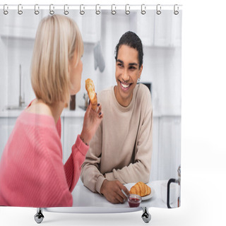 Personality  Cheerful African American Man Looking At Blonde Girlfriend With Croissant  Shower Curtains