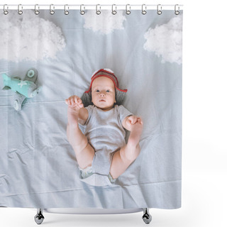 Personality  Top View Of Infant Child In Pilot Hat With Toy Plane Surrounded With Clouds Made Of Cotton In Bed Shower Curtains