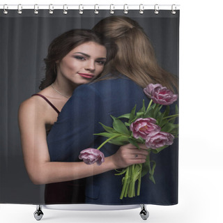 Personality  Woman Embracing Boyfriend With Bouquet Of Peonies Shower Curtains