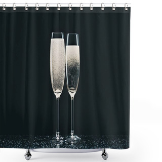 Personality  Two Glasses With Champagne With Drops On Table On Black Shower Curtains