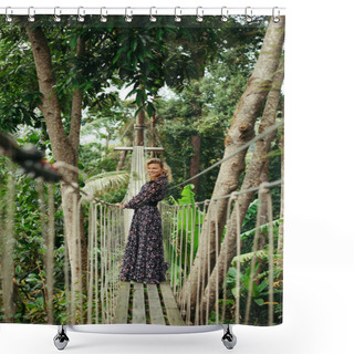 Personality  Smiling Attractive Woman Standing On Footbridge In Jungle And Looking Away Shower Curtains