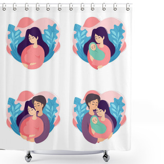 Personality  Pregnancy And Parenthood Concept Vector Illustrations. Set Of Scenes With Pregnant Woman, Mother Holding Newborn, Future Parents Are Expecting Baby, Mother And Father Holding Their Newborn Baby. Shower Curtains