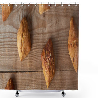 Personality  Top View Of Fresh Homemade Buns On Wooden Rustic Table, Panoramic Shot Shower Curtains