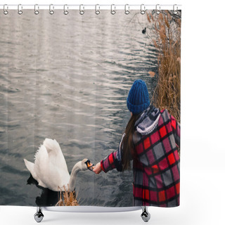 Personality  Young Girl With Her Cute Swan At The Lake.Girl Near The Lake.Girl Feeding A Swan.Woman Feeding A White Swan.Caring For Animals.Feeding Animals.Helping Nature And Animals.Lonely Swan.Beautiful Nature.Lake In Kharkov.Ukraine.Human Kindness.walk. Shower Curtains